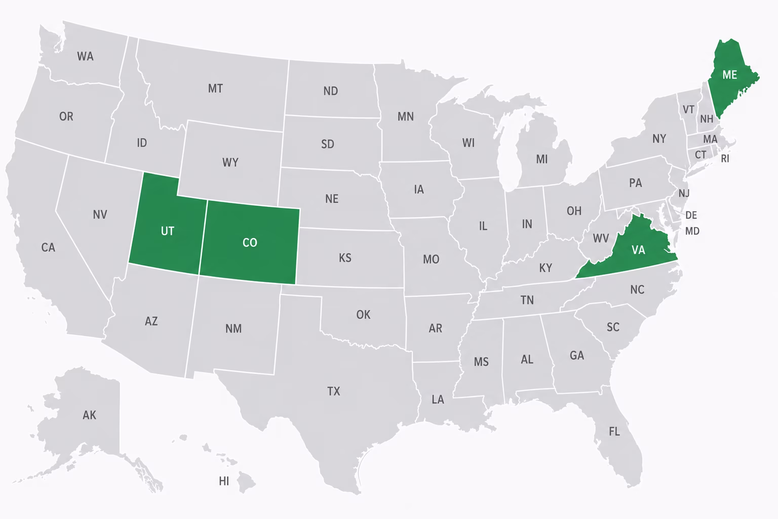 U.S. map highlighting legal balcony solar states like Utah, Maine, Virginia, and Colorado